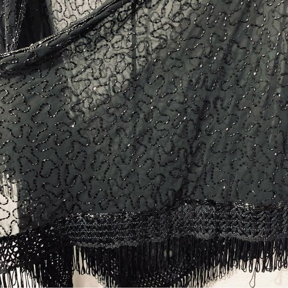Scala Black Beaded Fringe Sheer Shawl Wrap Boho Jeweled Special Occasion Chic - Picture 7 of 11